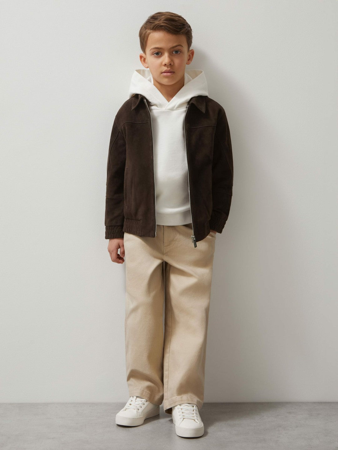 Reiss 9-13 yrs Unisex Fit McLaren F1 Team Suede Bomber Jacket in Distressed Brown