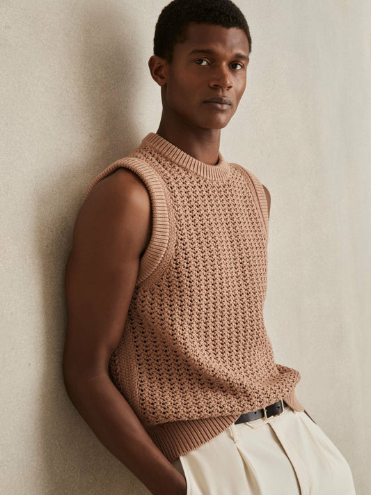 Reiss Cotton-Blend Crochet Vest in Soft Camel
