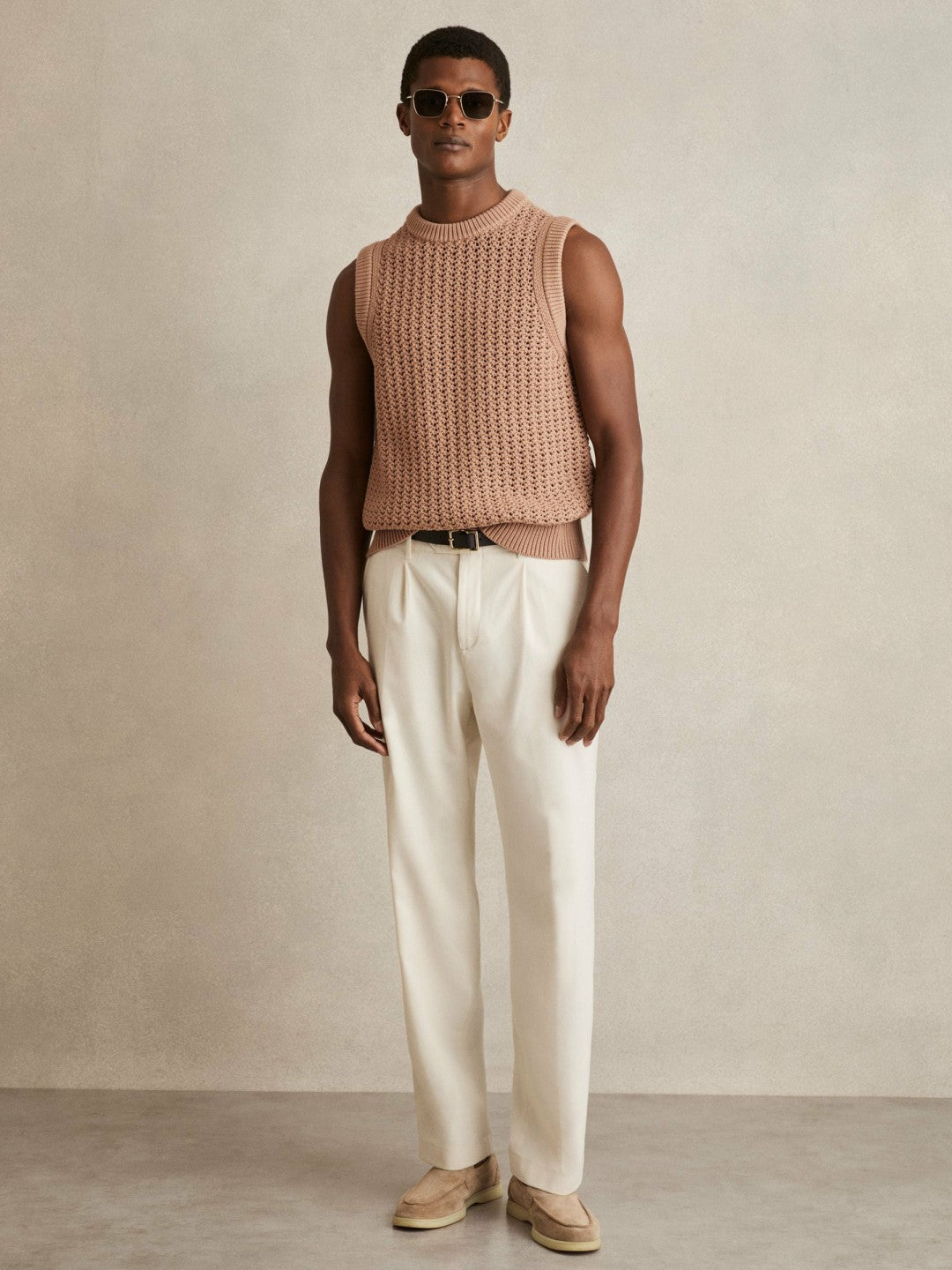Reiss Cotton-Blend Crochet Vest in Soft Camel
