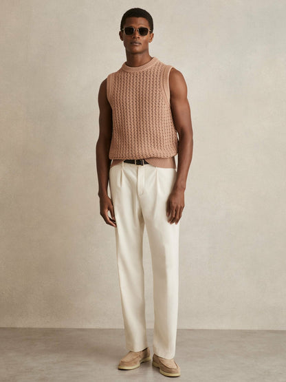 Reiss Cotton-Blend Crochet Vest in Soft Camel