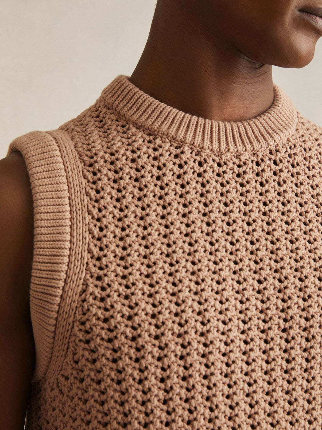Reiss Cotton-Blend Crochet Vest in Soft Camel