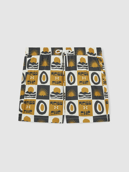 Reiss | Ché Sunset-Print Swim Shorts in Olive Green