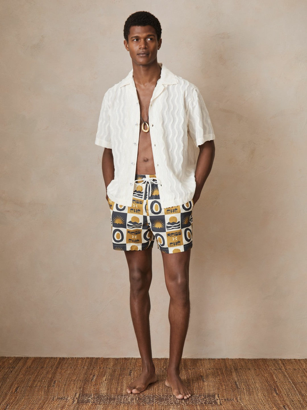 Reiss | Ché Sunset-Print Swim Shorts in Olive Green