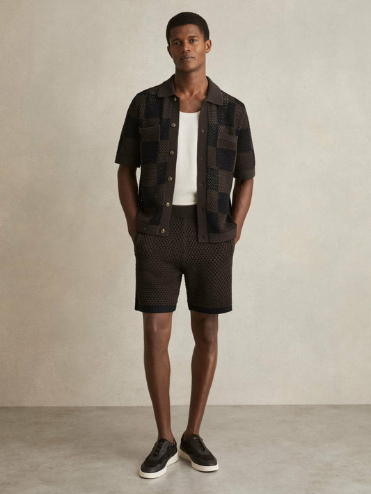 Reiss Cotton-Blend Crochet Shorts in Chocolate/Navy