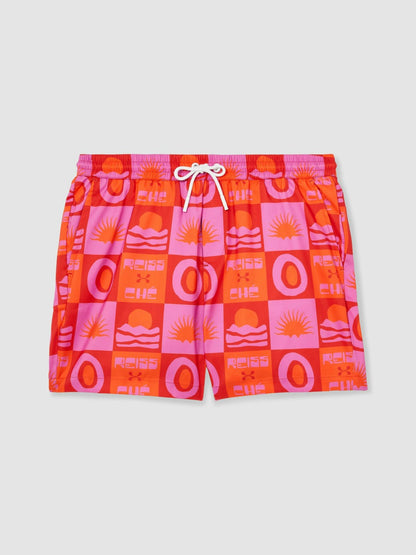 Reiss | Ché Sunset-Print Swim Shorts in Orange/Pink