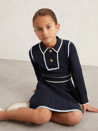 Reiss 9-13 yrs Piped Knitted Skater Dress in Navy