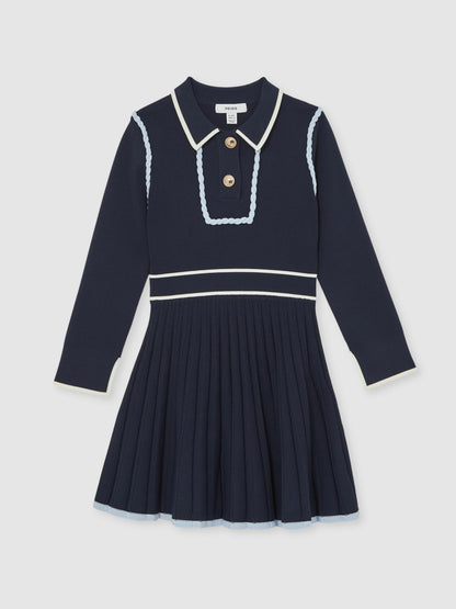 Reiss 9-13 yrs Piped Knitted Skater Dress in Navy