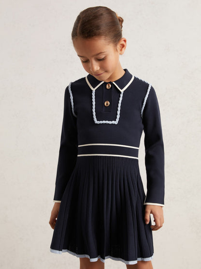 Reiss 9-13 yrs Piped Knitted Skater Dress in Navy