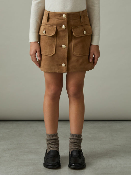 Reiss 9-13 yrs Suede Flap Pocket Skirt in Tan