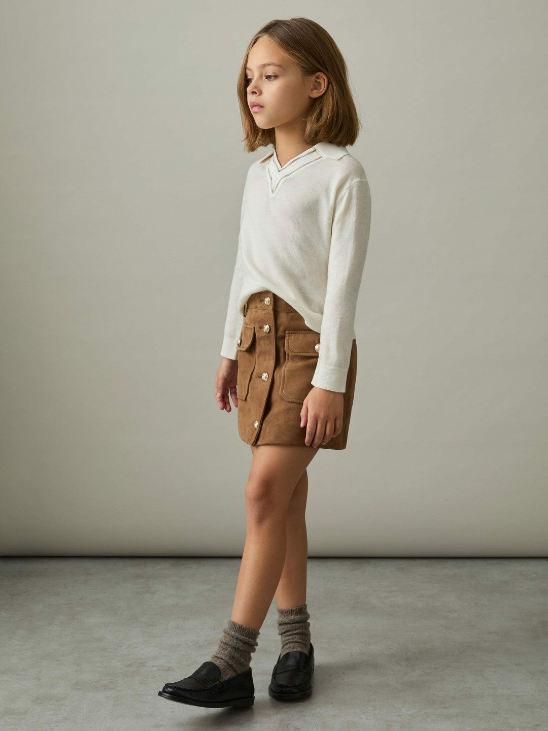 Reiss 9-13 yrs Suede Flap Pocket Skirt in Tan