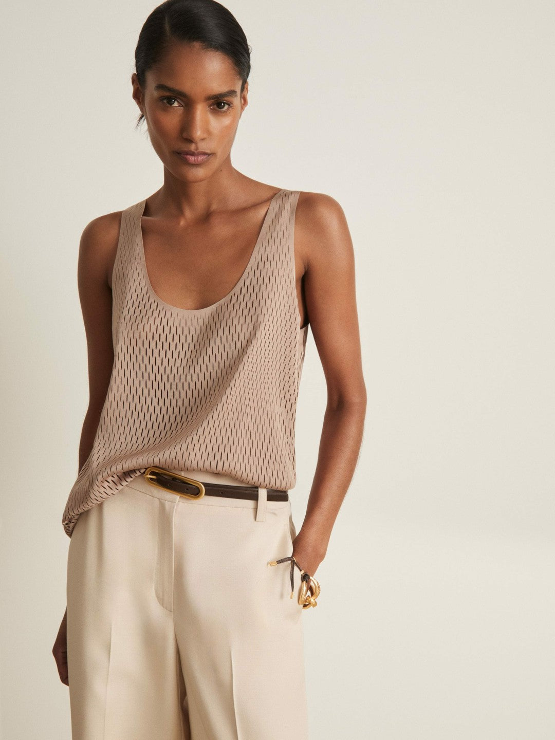 Reiss Atelier Laser-Cut Vest Top in Taupe