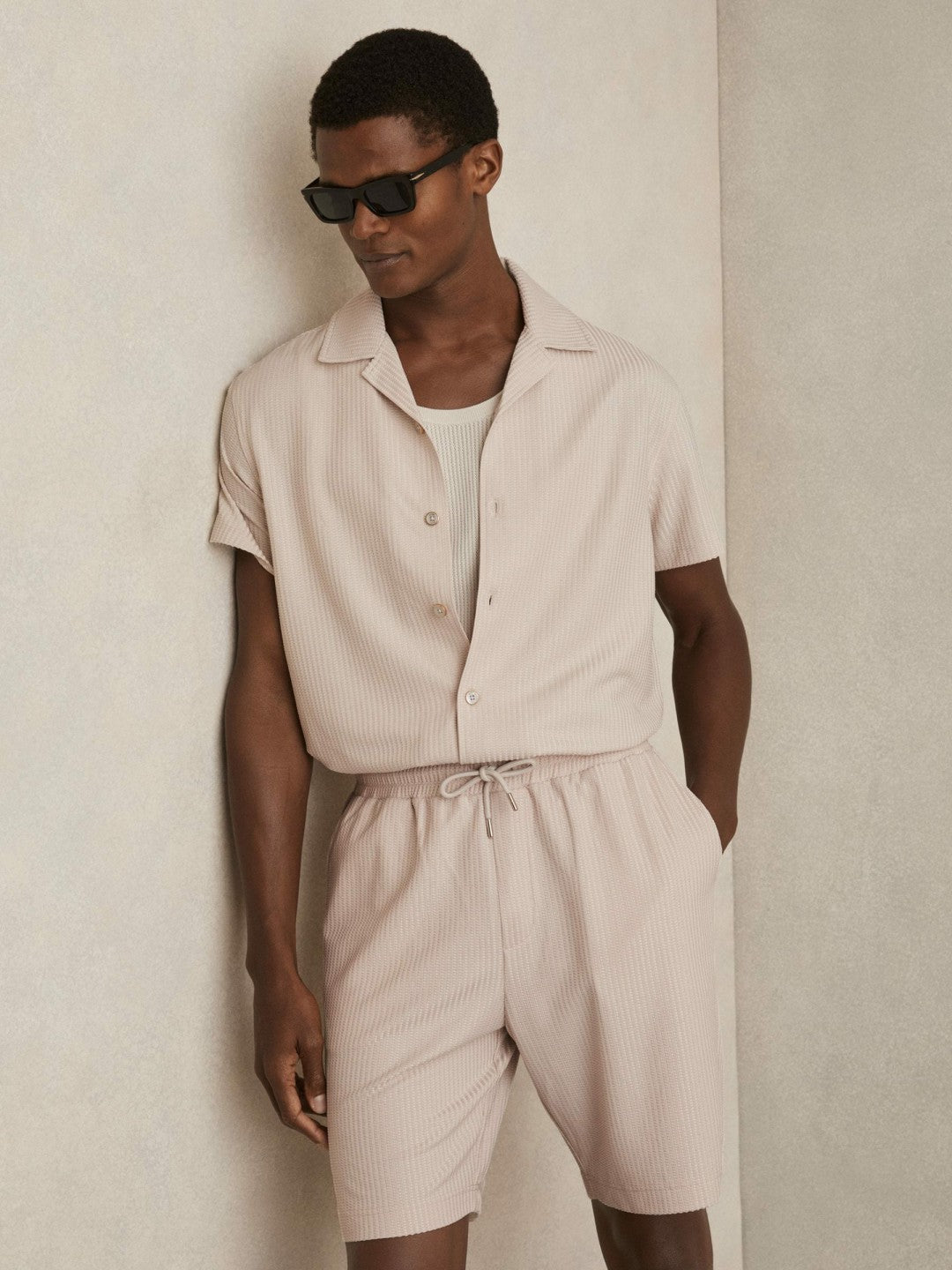 Reiss Textured-Knit Cuban-Collar Shirt in Champagne
