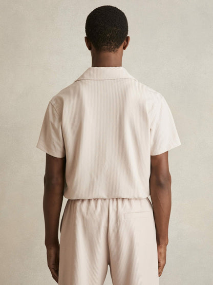 Reiss Textured-Knit Cuban-Collar Shirt in Champagne