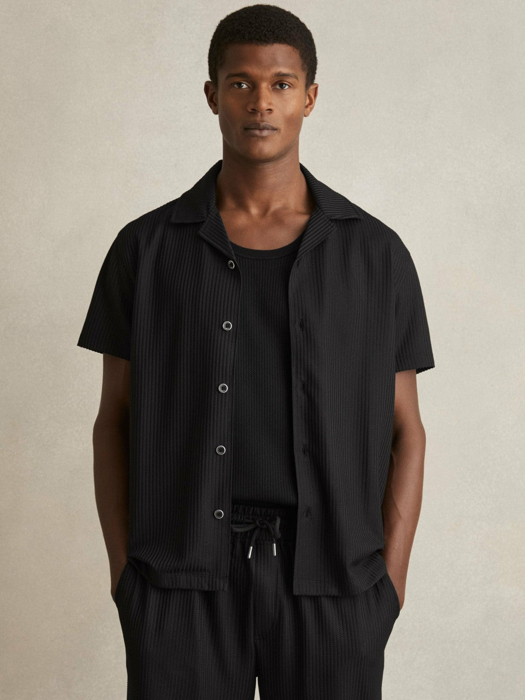 Reiss Textured-Knit Cuban-Collar Shirt in Black