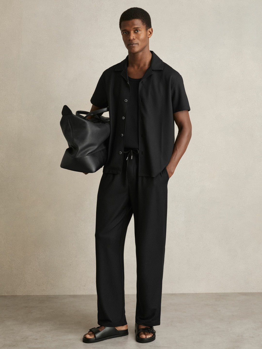Reiss Textured-Knit Cuban-Collar Shirt in Black