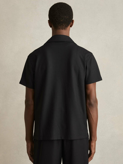 Reiss Textured-Knit Cuban-Collar Shirt in Black