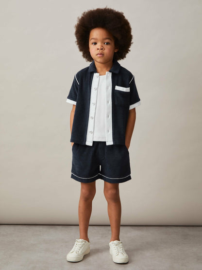 Reiss 9-13 yrs Velour Colour-Block Shirt in Blue Multi