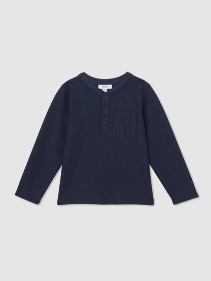 Reiss 9-13 yrs Cotton-Blend Waffle Henley T-Shirt in Navy