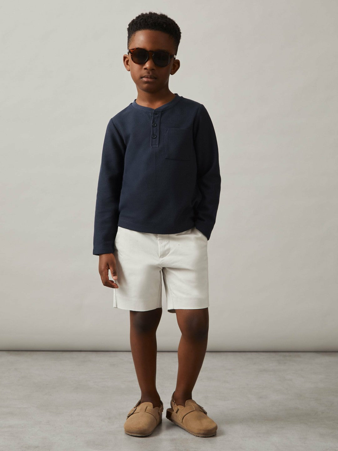 Reiss 9-13 yrs Cotton-Blend Waffle Henley T-Shirt in Navy