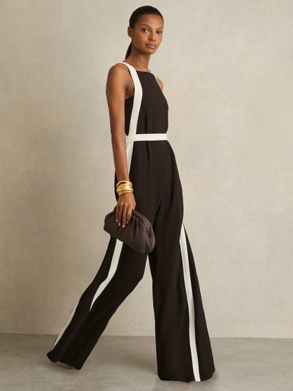 Reiss Colourblock Wide Leg Belted Jumpsuit in Chocolate/Cream