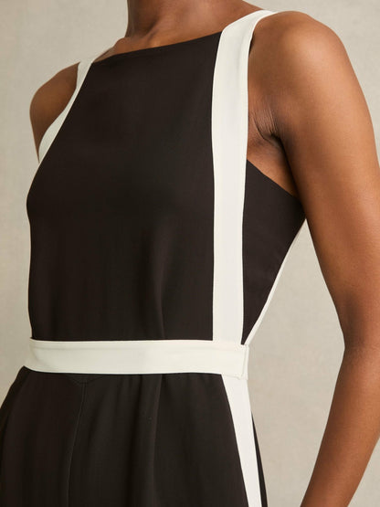 Reiss Colourblock Wide Leg Belted Jumpsuit in Chocolate/Cream