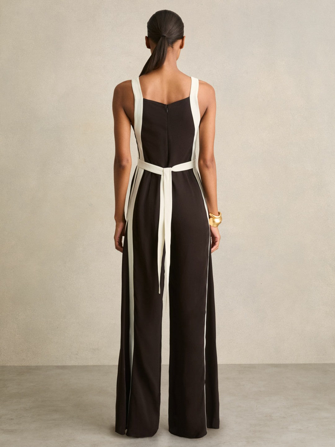 Reiss Colourblock Wide Leg Belted Jumpsuit in Chocolate/Cream