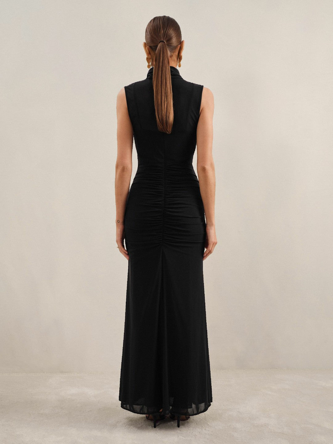 Reiss Sheer Ruched Maxi Dress in Black