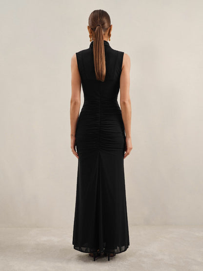 Reiss Sheer Ruched Maxi Dress in Black