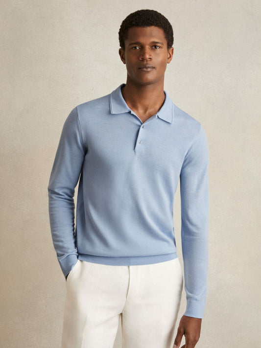 Reiss Merino Wool Long-Sleeve Polo Shirt in Soft Blue