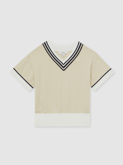 Reiss 4-9 yrs Cotton-Linen Knit V-Neck Cricket Top in Neutral