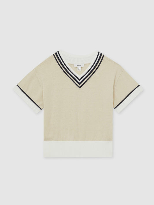 Reiss 13-14 yrs Cotton-Linen Knit V-Neck Cricket Top in Neutral