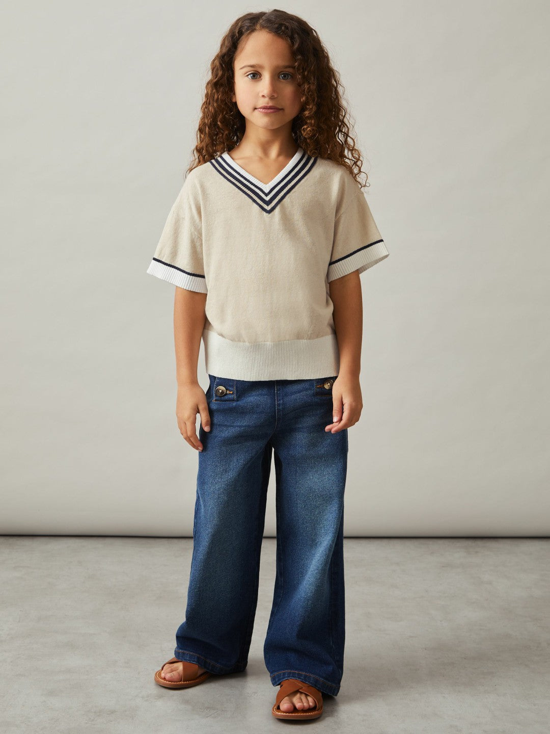 Reiss 9-13 yrs Cotton-Linen Knit V-Neck Cricket Top in Neutral