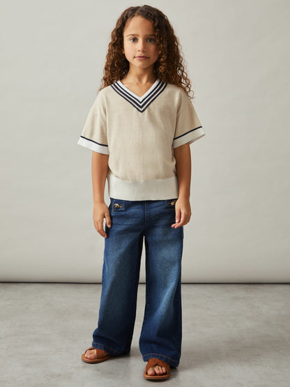 Reiss 9-13 yrs Cotton-Linen Knit V-Neck Cricket Top in Neutral