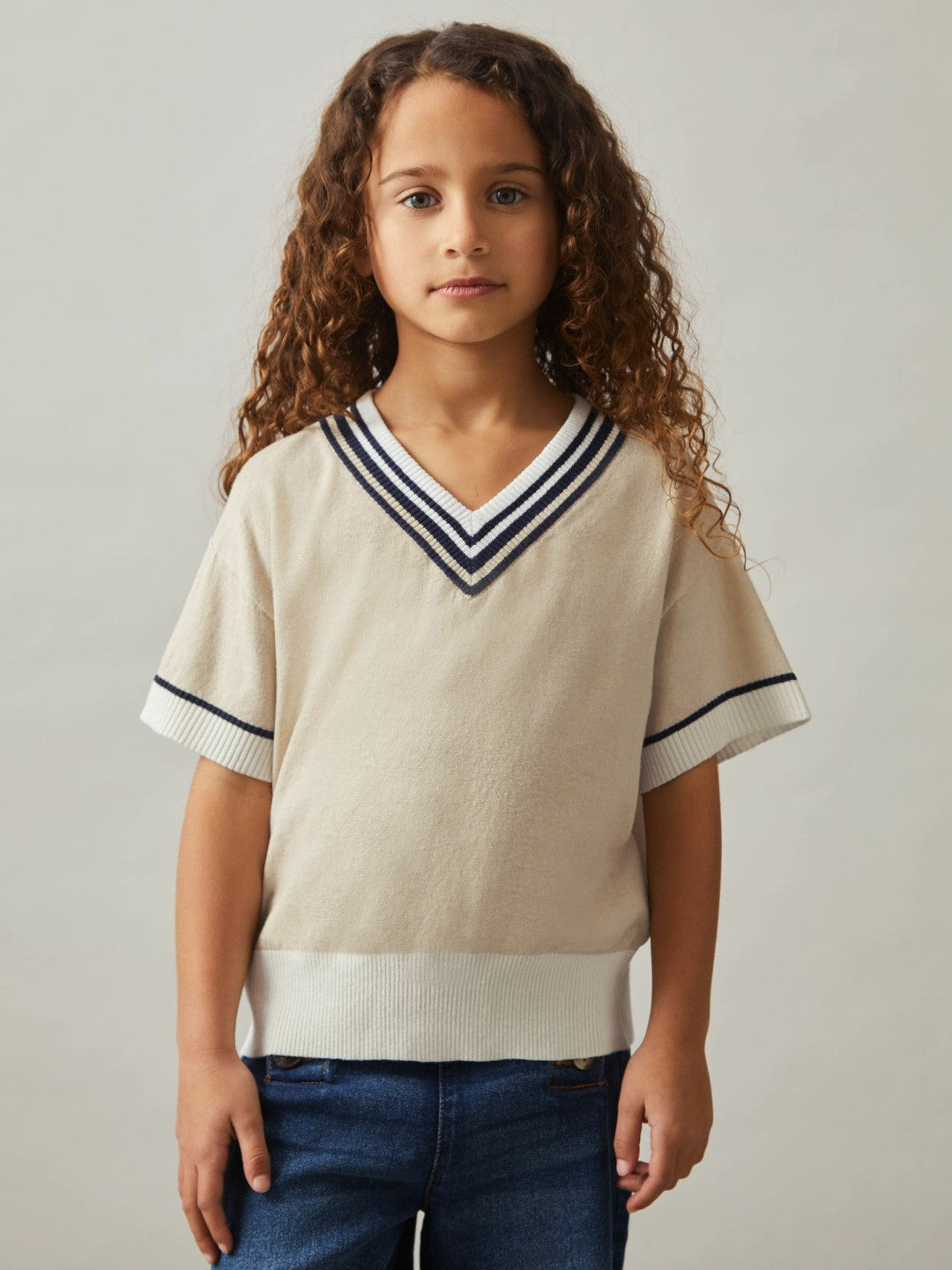 Reiss 9-13 yrs Cotton-Linen Knit V-Neck Cricket Top in Neutral