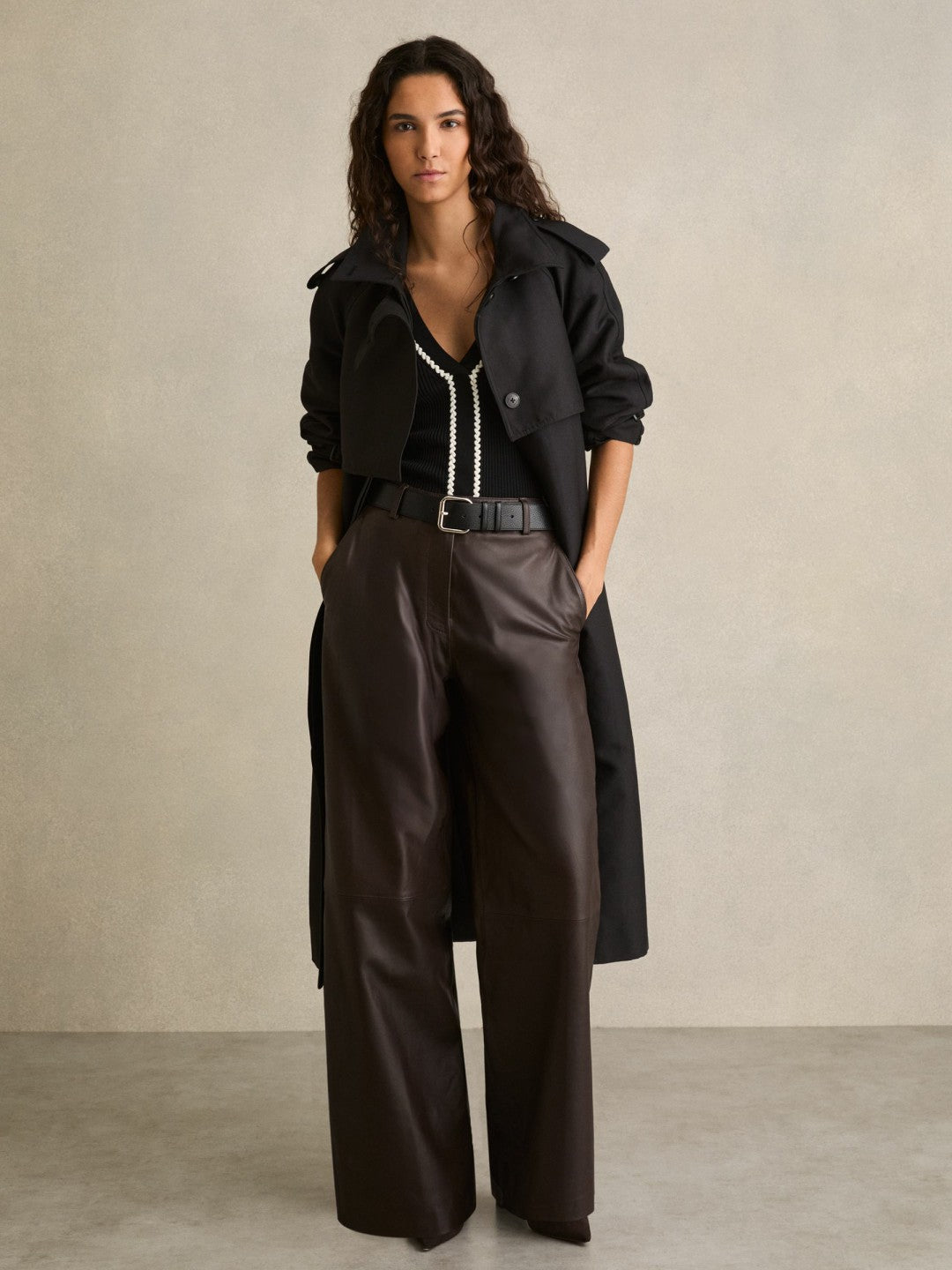 Reiss Petite Leather Wide Leg Trousers in Chocolate
