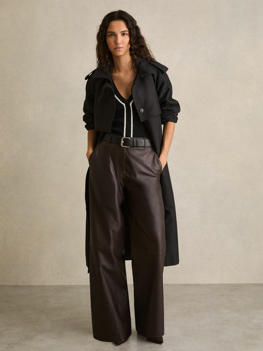 Reiss Petite Leather Wide Leg Trousers in Chocolate