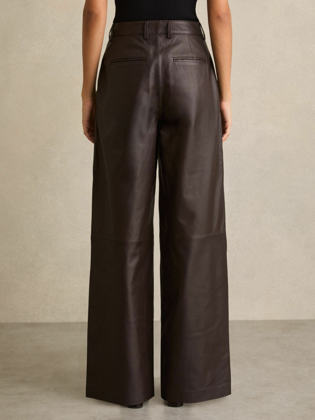 Reiss Petite Leather Wide Leg Trousers in Chocolate