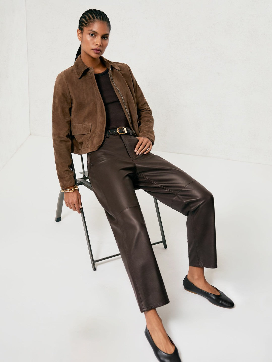 Reiss Petite Leather Slim-Leg Trousers in Chocolate