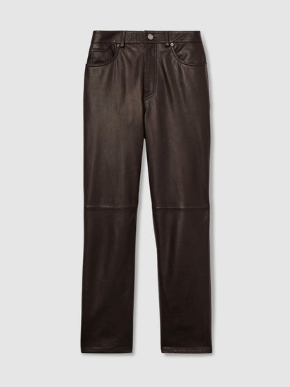 Reiss Petite Leather Slim-Leg Trousers in Chocolate
