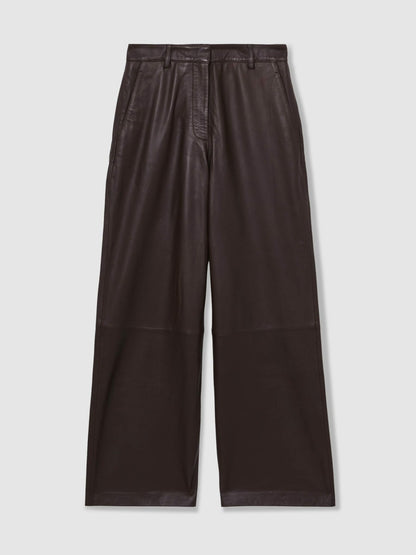 Reiss Leather Wide Leg Trousers in Chocolate