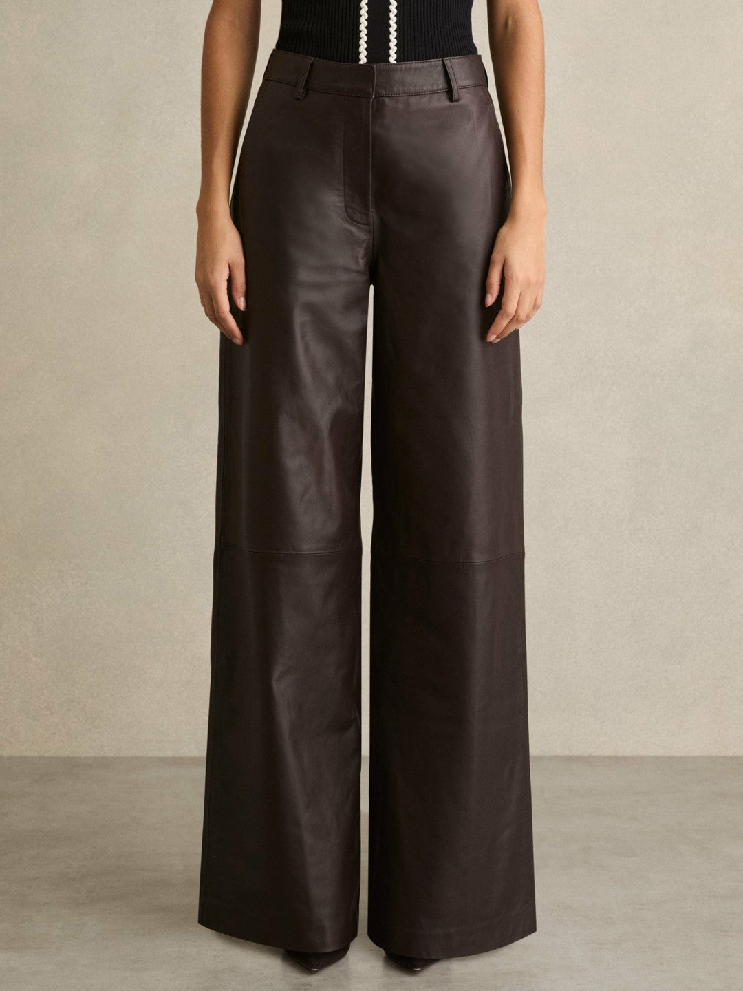 Reiss Leather Wide Leg Trousers in Chocolate