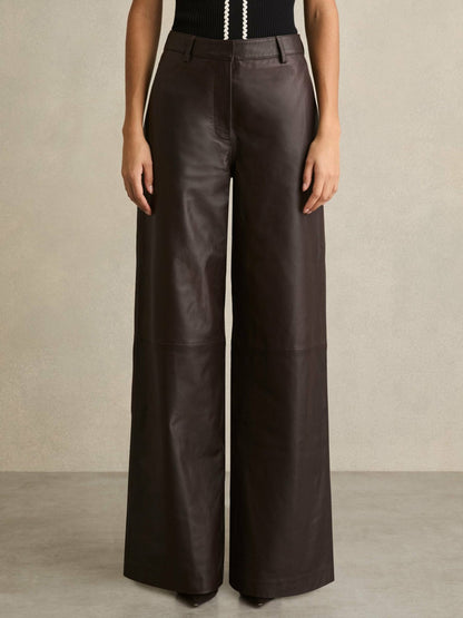 Reiss Leather Wide Leg Trousers in Chocolate