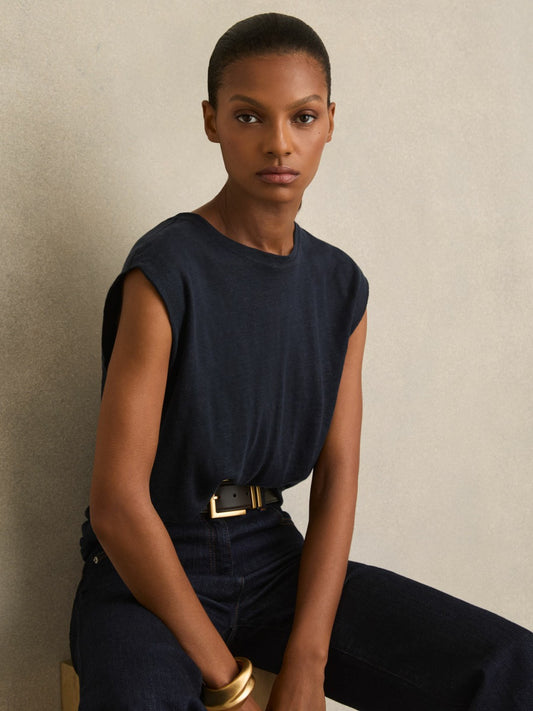 Reiss Linen Cap-Sleeve T-Shirt in Navy