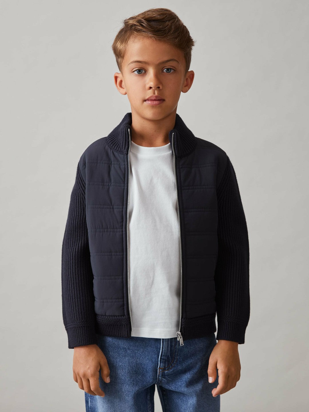 Reiss 9-13 yrs Hybrid Quilt and Knit Zip Through Jacket in Navy