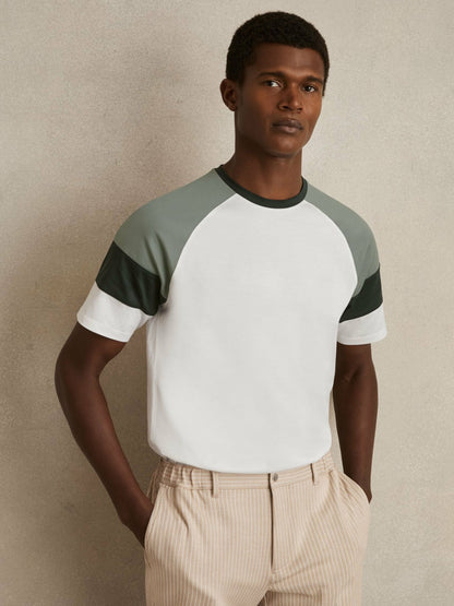 Reiss Mercerised-Cotton Colourblock T-Shirt in White/Sage