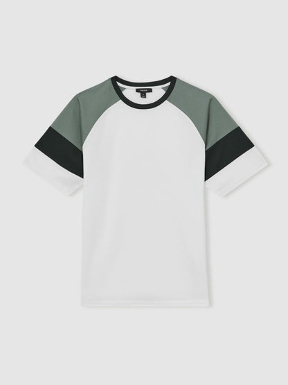 Reiss Mercerised-Cotton Colourblock T-Shirt in White/Sage