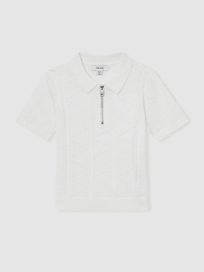 Reiss 9-13 yrs Half-Zip Pointelle Polo Shirt in Off White