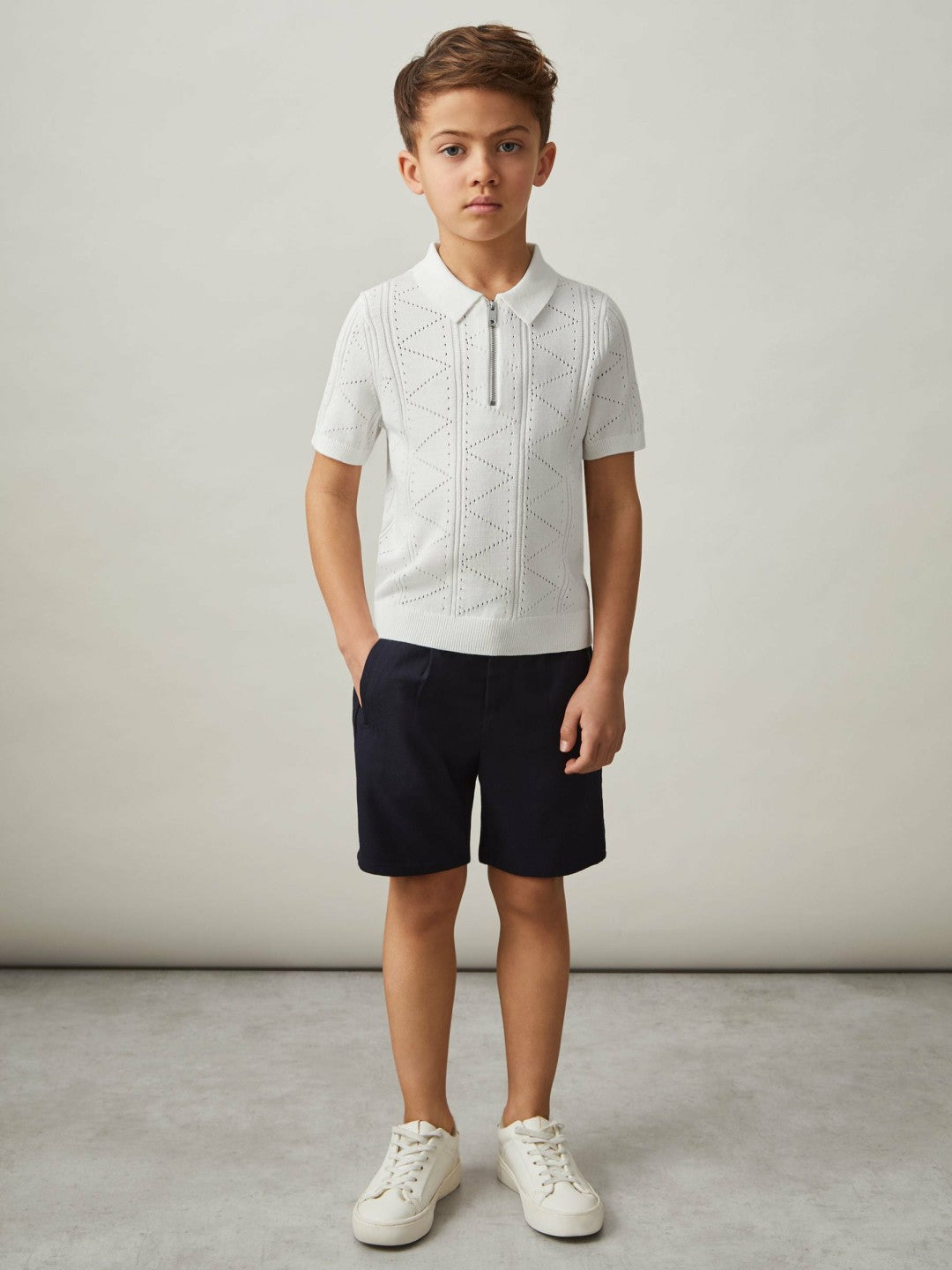 Reiss 9-13 yrs Half-Zip Pointelle Polo Shirt in Off White