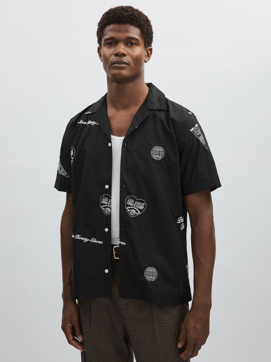 Reiss Les Deux Cotton Embroidered Shirt in Black Print