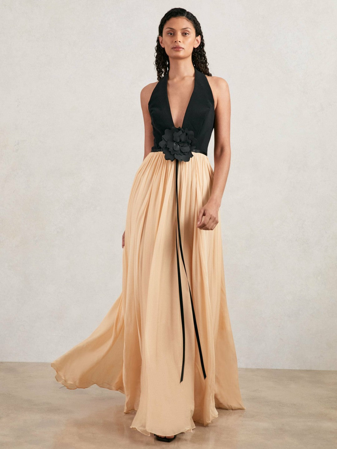 Reiss Halston Crepe and Chiffon Maxi Dress in Black/Ivory